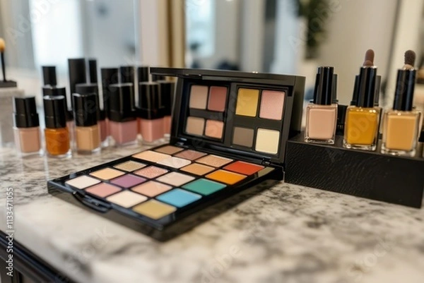 Obraz A high-end makeup counter showcasing vibrant eyeshadow palettes, matte foundations, and luxury skincare serums, set on a marble countertop.
