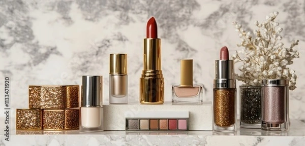 Fototapeta A luxurious beauty display featuring metallic lipsticks, organic skincare serums, and glittery eyeshadow palettes, set against a marble background.