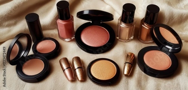 Fototapeta A luxurious flat lay of matte blushes, shimmering highlighters, and metallic nail polishes, arranged on a soft velvet surface.