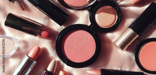 Obraz A luxurious flat lay of matte blushes, shimmering highlighters, and metallic nail polishes, arranged on a soft velvet surface.