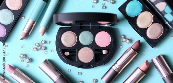 Fototapeta A luxurious flat lay of pastel eyeshadow palettes, surrounded by sparkling highlighters and velvet lipstick tubes.