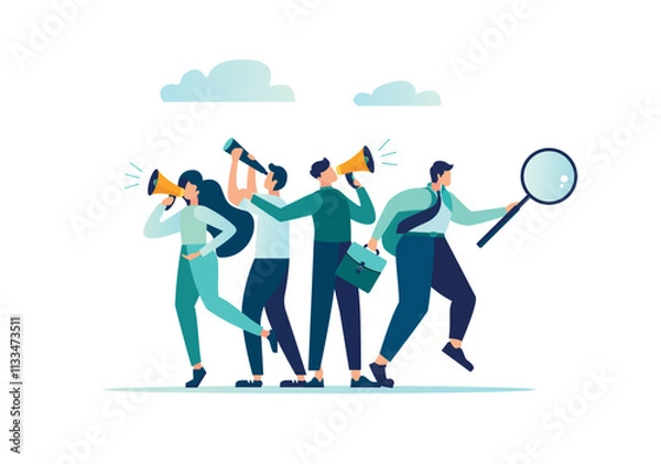 Fototapeta Search for candidates in the HR department, search for personnel for a vacancy, marketing search for a client or customer concept, vector illustration, a group of people is engaged in the search