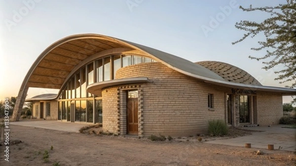 Fototapeta Innovative Eco-Friendly Mud Brick Building with Elevated Tin Roof for Natural Cooling part III
