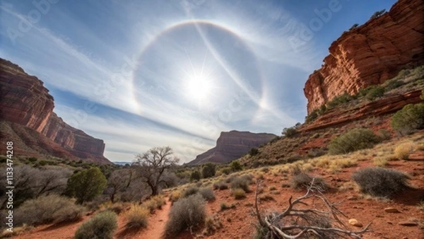 Fototapeta Solar Halo Over Remote Desert Landscape with Red Cliffs and Sparse Vegetation Under Clear Blue Sky