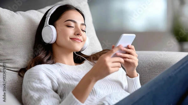 Fototapeta Young woman relaxing on sofa listening to music with headphones and browsing smartphone