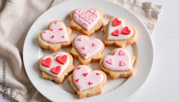 Fototapeta Heart-shaped cookies with pink and red icing on white plate