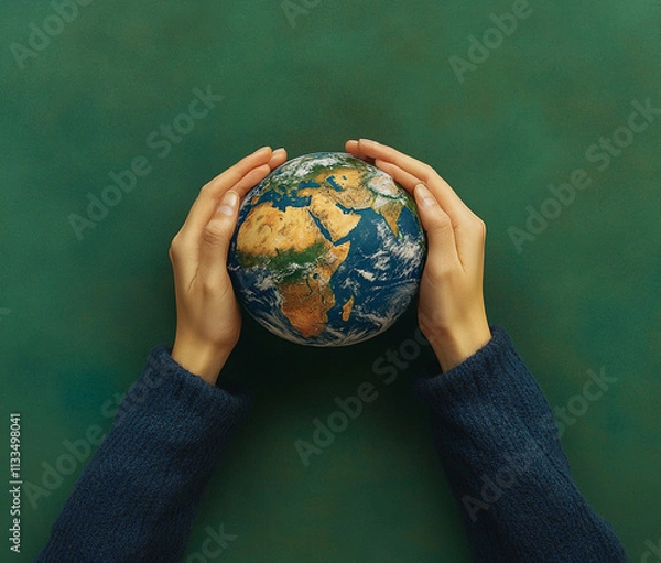 Fototapeta Two hands holding the planet Earth on the MENA region showing on surface, on a green background