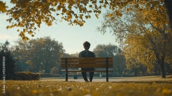 Fototapeta Person sits alone on park bench, autumn leaves.