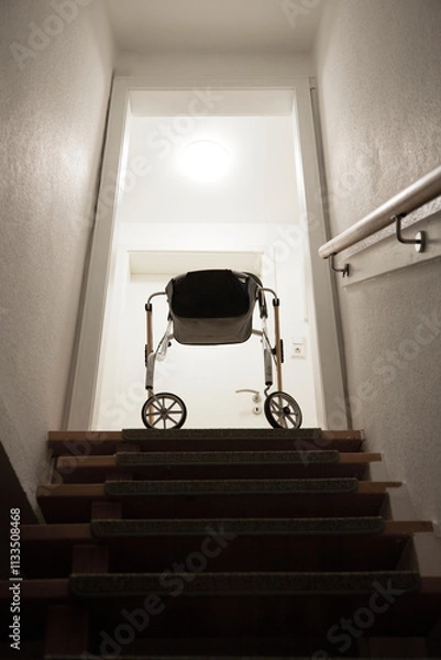 Obraz walker at the end of a staircase as a symbol for obstacles that old people cannot overcome without help