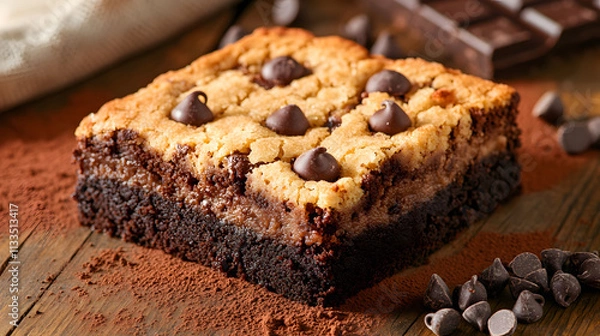 Fototapeta A Mesmerizing Close-up of Homemade Brookies with Chocolate Chips on a Rustic Wooden Table Surrounded by Baking Essentials