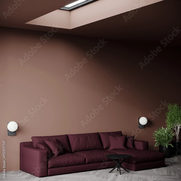 Obraz Modern living room with sofa in plum mauve color. Accent tone 2025 mocha mousse chocolate walls. Minimalistic interior design lounge. 3d render