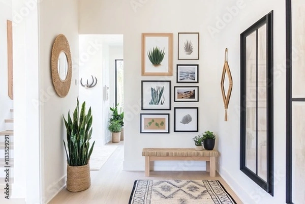 Obraz modern corridor with image frames and bench