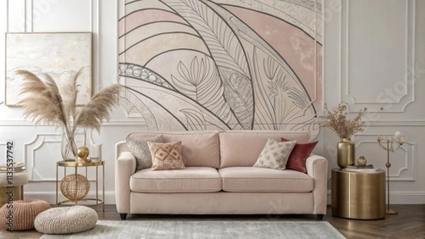 Fototapeta An elegantly styled living room characterized by a striking abstract mural surrounded by soft muted furniture and a carefully arranged selection of decorative accents that