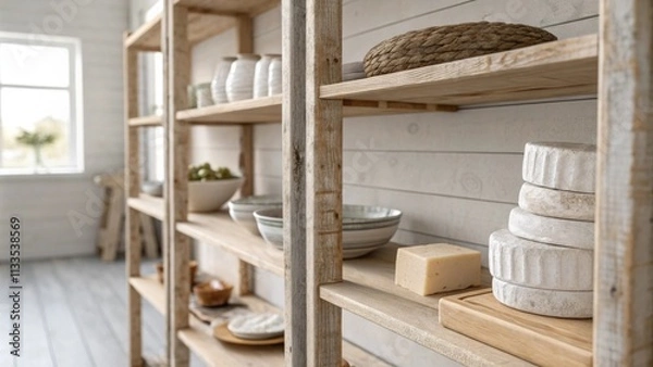 Fototapeta An airy room accentuated by rustic wooden shelves filled with natural decor where subtle lighting casts a warm glow over the clean neutral color scheme.