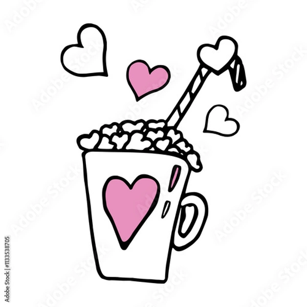 Fototapeta Heart mug with hot drink and marshmallows in the form of small hearts in doodle style