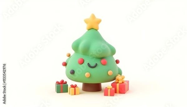Fototapeta 3D render of a cartoon-style Christmas tree icon with oversized ornaments, a playful star, and wrapped gifts, isolated on white create with ai