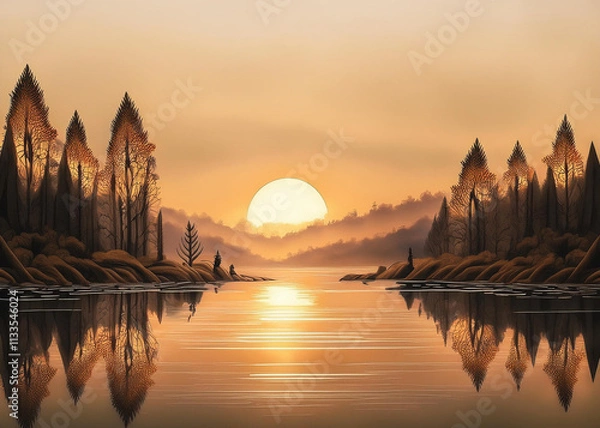 Fototapeta Cityscape with modern minimalist skyline and natural sunset in warm and vibrant colors.