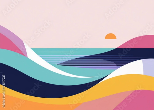 Fototapeta Nature-inspired coastal skyline with ocean and beach elements in a modern minimalist design.