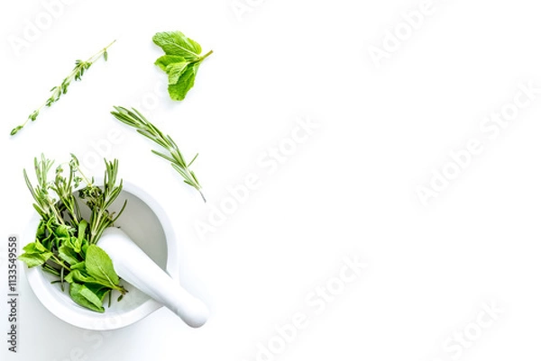 Obraz Homeopathy with leaves and healing herbs for making oil on white