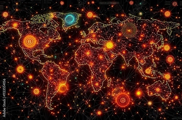 Obraz Glowing World Map with Cryptocurrency Transactions | Art Nouveau Style
