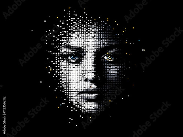 Fototapeta Digital, Pixelated, Head, Face, Disintegrating, 3D, Artificial Intelligence, Futuristic, Technology, Cyber, Glitch, Abstract, Blue, White, Squares, Cubes, Dissolving, Transparent, Modern, Innovative, 