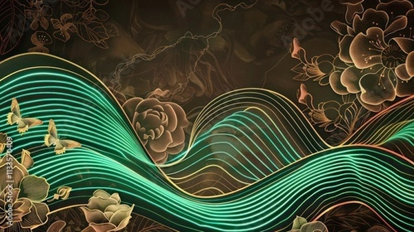 Obraz Neon green wave lines flowing over an Art Deco rose backdrop, highlighted by a golden floral and butterfly motif for a luxurious feel