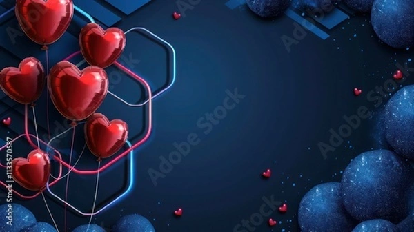 Obraz Neon hexagon background in blue with red heart-shaped balloons, gradient from sky blue to navy, navy pearls, and sky blue glitter