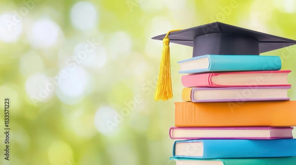 Obraz A vibrant stack of books topped with a graduation cap, representing the journey of learning and academic achievement.