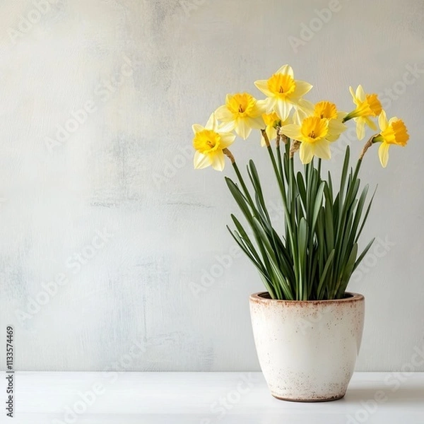 Fototapeta Daffodils in pot on white table