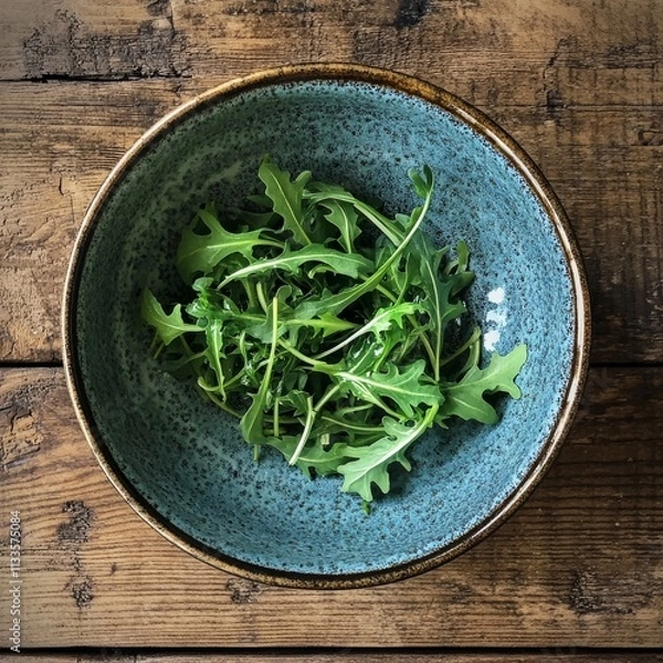 Fototapeta Arugula and ceramic bowl on table.