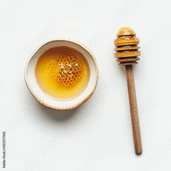 Obraz Honey, honeycomb, dipper on white.