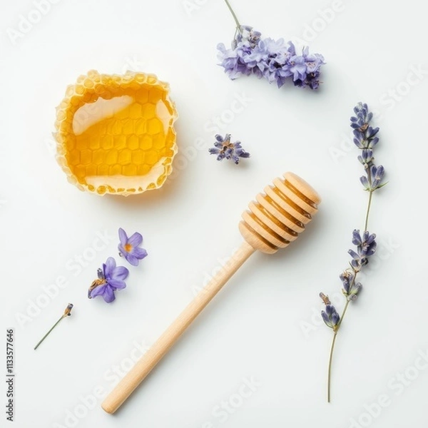 Obraz Honey, honeycomb, dipper, white.