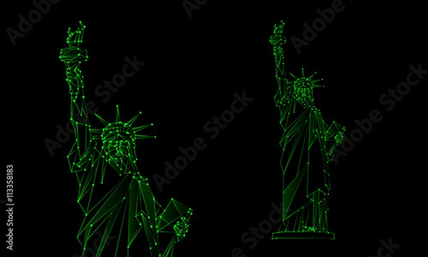 Obraz Neon green Statue of Liberty illustration. Polygonal mesh Independence Day background with a monument in New York City. Vector low poly lines and dots.