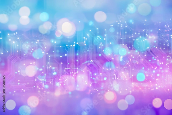 Fototapeta Abstract technology background with glowing circuit patterns, neon lights, and pastel tones in purple and blue hues.