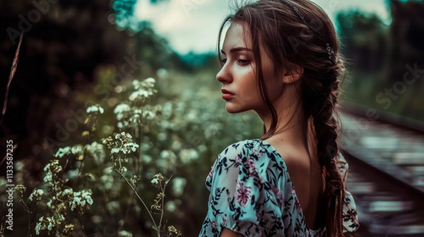 Fototapeta A young woman with a braid stands near wildflowers by the railway tracks.