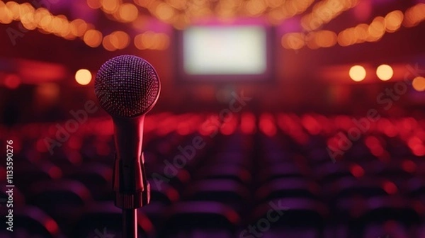 Fototapeta A microphone is positioned in front of a large screen, ready for a presentation