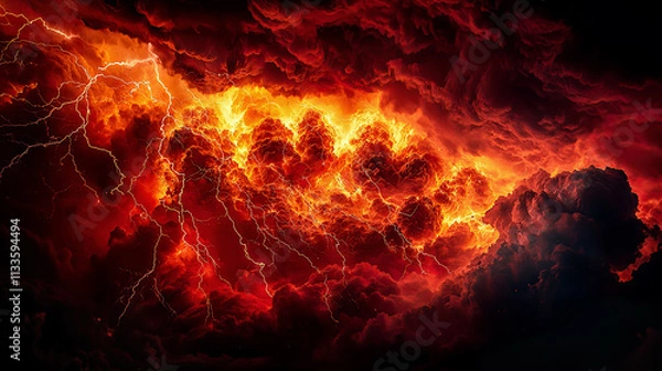 Fototapeta Fiery cosmic eruption, red and orange clouds colliding with dark stormy sky, jagged lightning bolts, high contrast, intricate details 