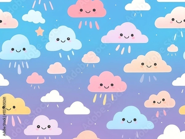 Obraz Adorable Rainbow Clouds Seamless Pattern: A Delightful Sky of Smiling Clouds