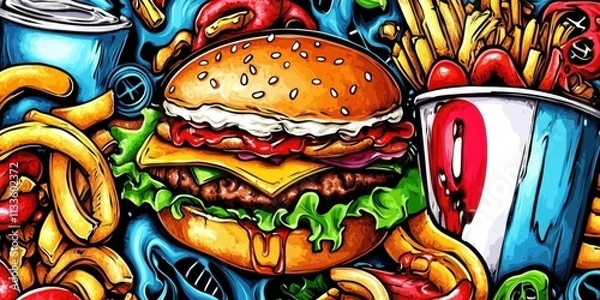 Fototapeta Vibrant colored background showcasing playful fast food illustrations.