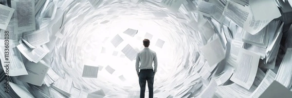Fototapeta A businessman in a suit stands alone in a room surrounded by a swirling vortex