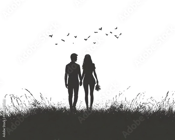 Fototapeta A silhouette of a couple holding hands in a field, surrounded by nature, evokes feelings of love and tranquility, making it perfect for romantic themes and emotional connections.