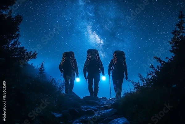 Fototapeta Silhouettes of three hikers walking through a forest at night, illuminated by their flashlights, under the starry sky with the milky way galaxy above them.