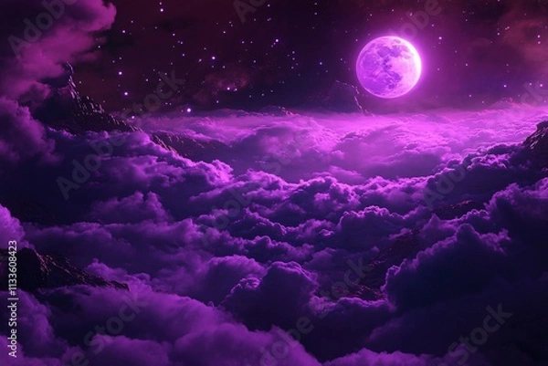 Fototapeta A purple moon casting an eerie glow with clouds in the background