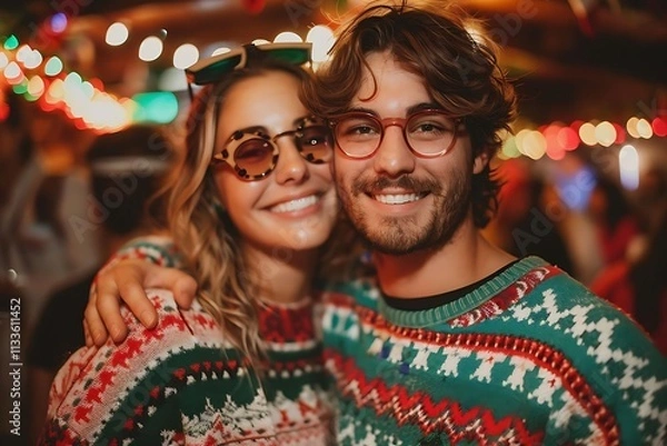 Obraz Happy couple in matching Christmas sweaters at a festive party.