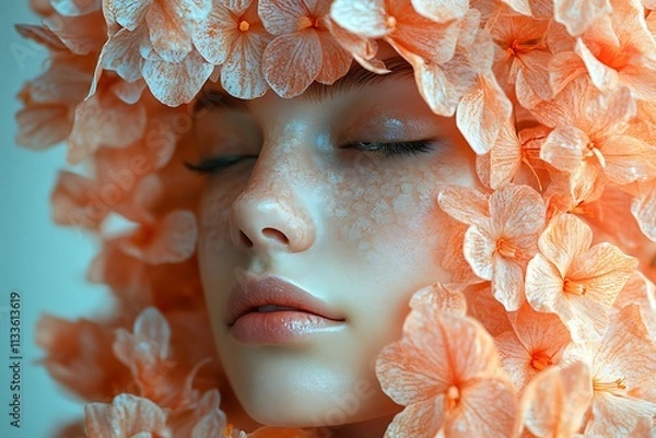 Fototapeta Dreamlike portrait of a woman's face surrounded by delicate peach-colored flowers, evoking serenity and beauty.