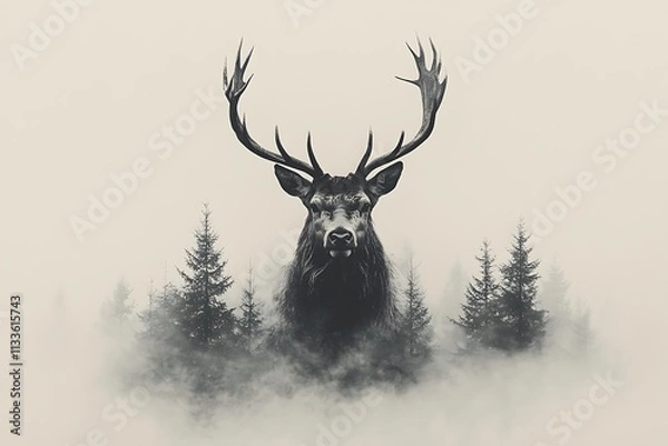 Fototapeta Majestic stag in a misty forest, a surreal and atmospheric black and white image
