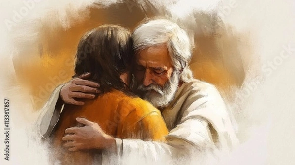 Obraz A heartfelt depiction of forgiveness from the father to his returning son in watercolor art.