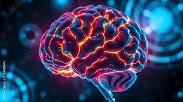 Fototapeta glowing brain with vibrant red and blue neural
