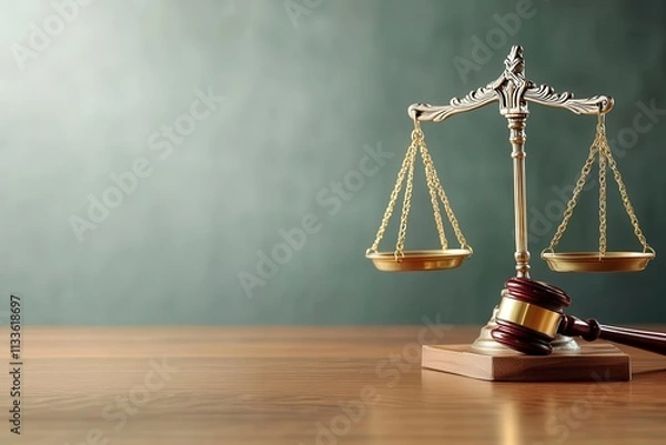 Fototapeta An ornate pair of scales of justice stands dramatically next to a judge's gavel that has toppled over, representing challenges in the judicial process.