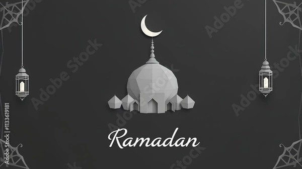 Fototapeta minimalist crescent moon with mosque silhouette and Ramadan